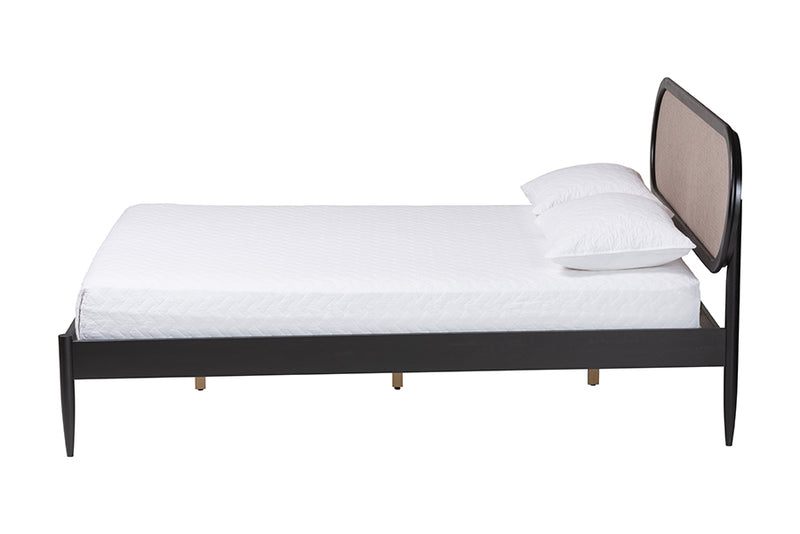 Marzenia Mid-Century Beige Fabric and Black Wood Queen Platform Bed