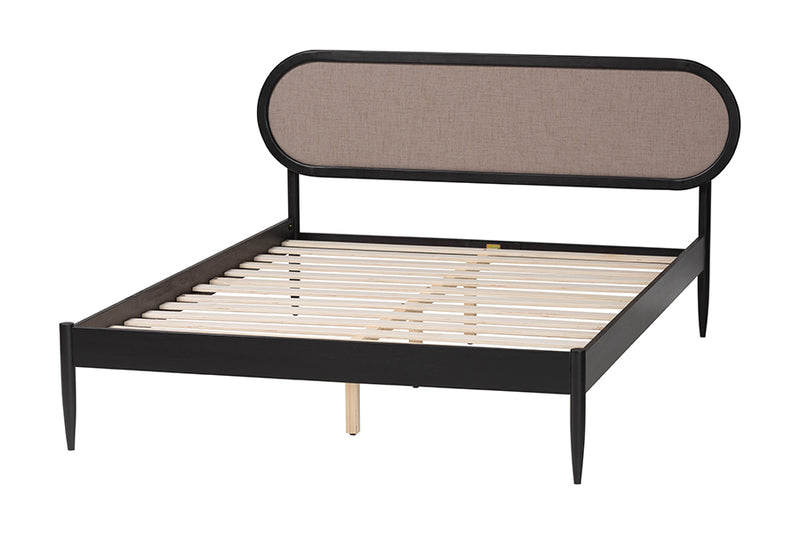 Marzenia Mid-Century Beige Fabric and Black Wood Queen Platform Bed