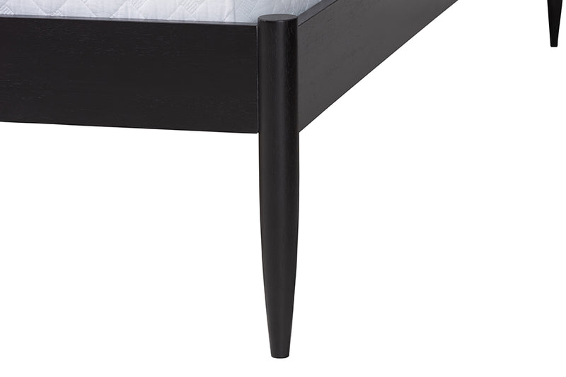 Marzenia Mid-Century Beige Fabric and Black Wood Queen Platform Bed