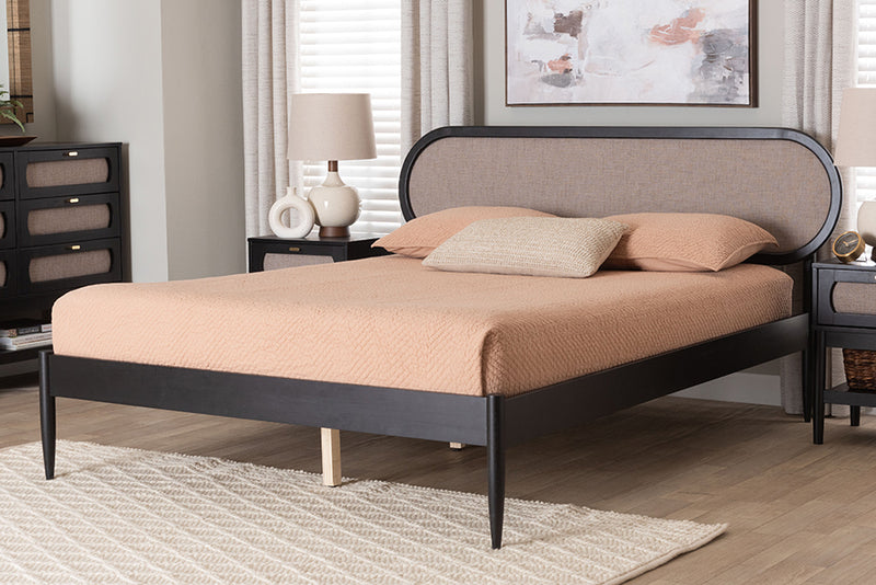 Marzenia Mid-Century Beige Fabric and Black Wood Queen Platform Bed