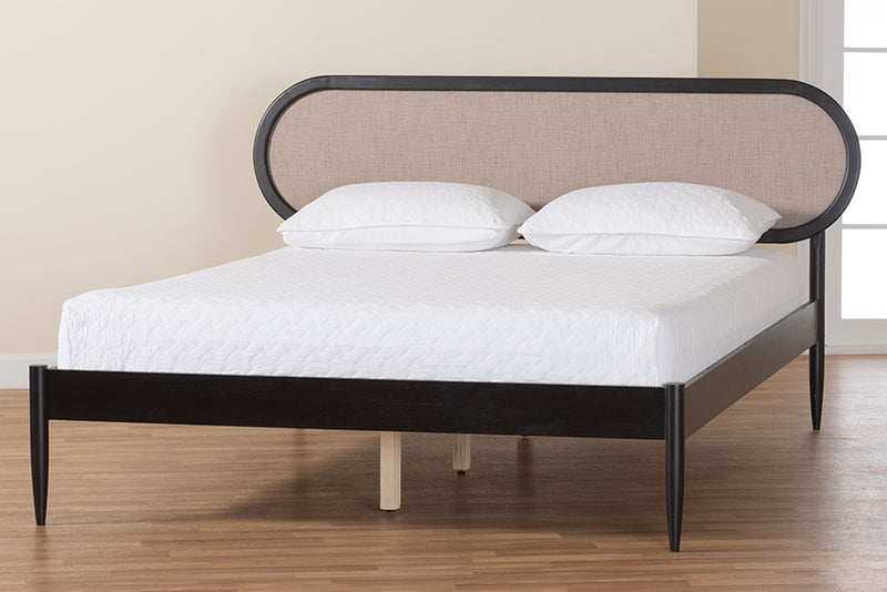 Marzenia Mid-Century Beige Fabric and Black Wood Queen Platform Bed