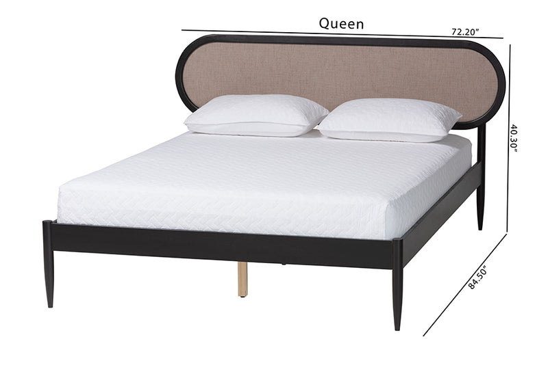 Marzenia Mid-Century Beige Fabric and Black Wood Queen Platform Bed