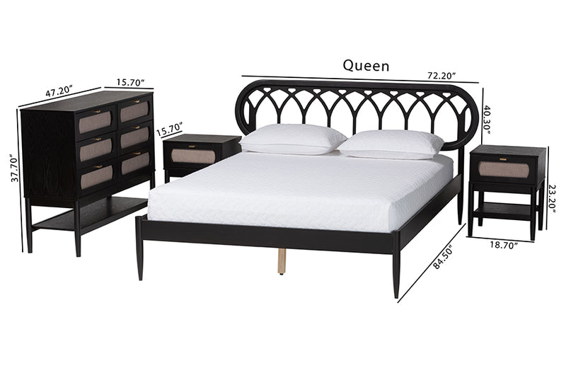 Chaise Art Deco Black Wood Queen 4-Piece Bedroom Set w/Two Nightstands