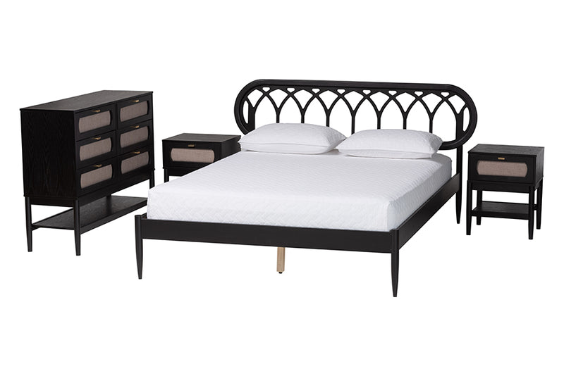 Chaise Art Deco Black Wood Queen 4-Piece Bedroom Set w/Two Nightstands