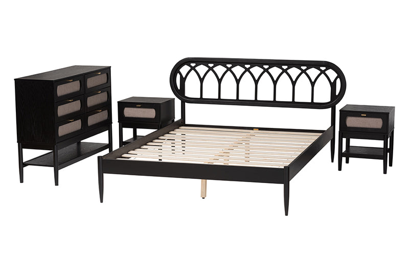 Chaise Art Deco Black Wood Queen 4-Piece Bedroom Set w/Two Nightstands