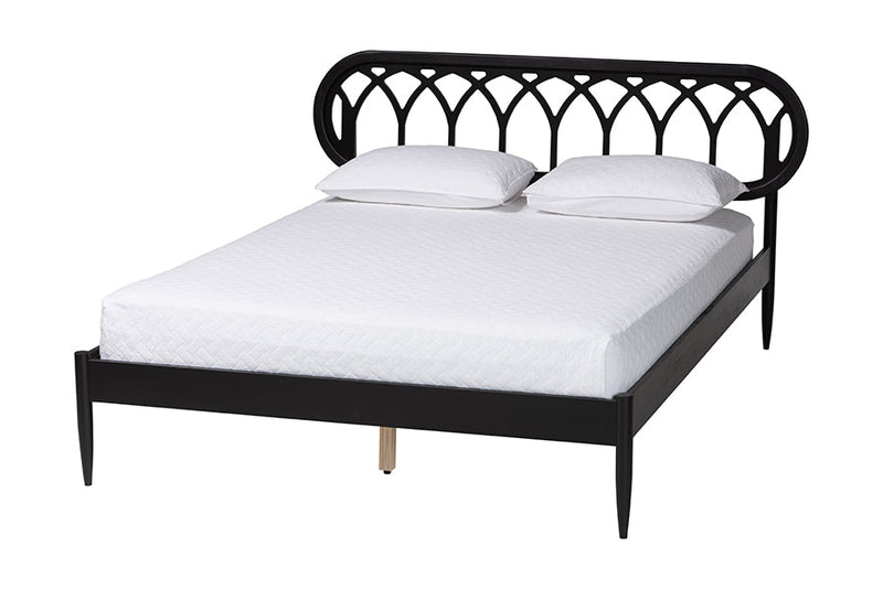 Chaise Art Deco Black Wood Queen 4Pc Bedroom Set w/Two Nightstands Baxton