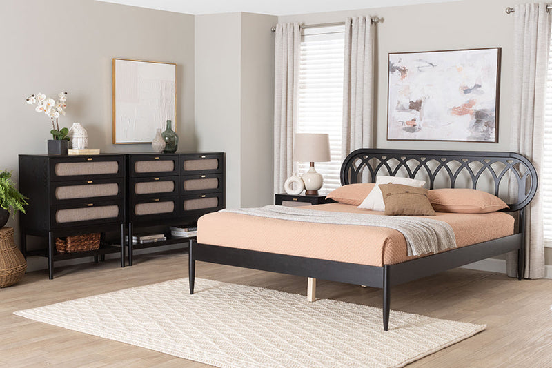 Chaise Art Deco Black Wood Queen 4Pc Bedroom Set Baxton