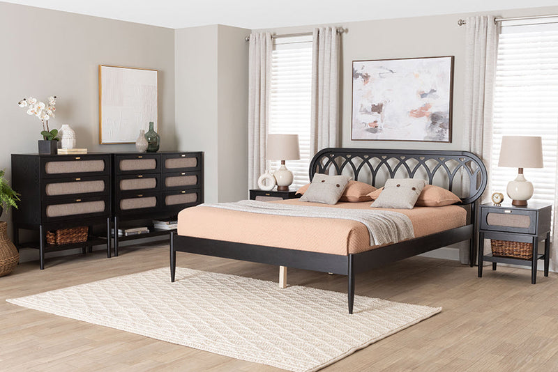 Chaise Art Deco Black Wood Queen 5-Piece Bedroom Set Baxton