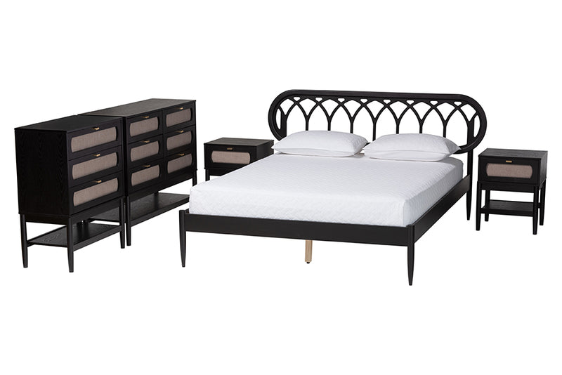 Chaise Art Deco Black Wood Queen 5-Piece Bedroom Set