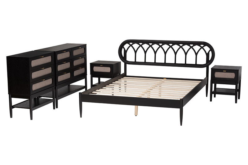 Chaise Art Deco Black Wood Queen 5-Piece Bedroom Set