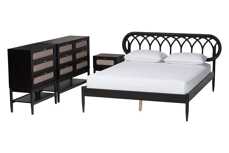 Chaise Art Deco Black Wood Queen 4Pc Bedroom Set Baxton