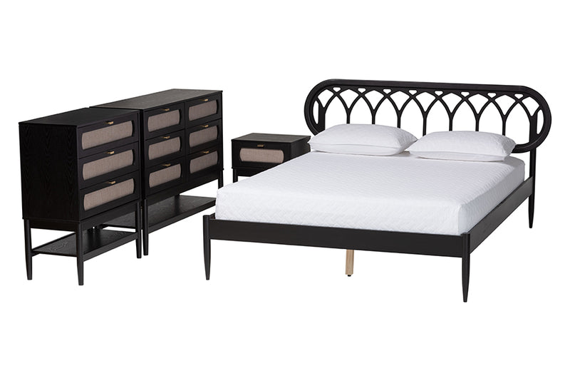 Chaise Art Deco Black Wood Queen 4-Piece Bedroom Set