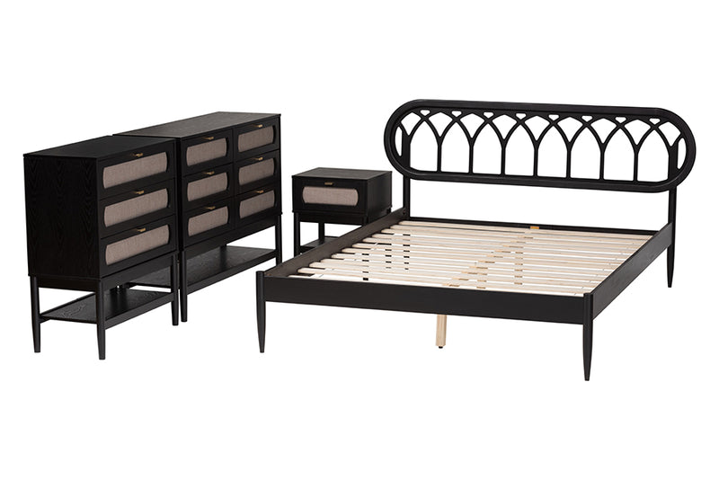 Chaise Art Deco Black Wood Queen 4-Piece Bedroom Set