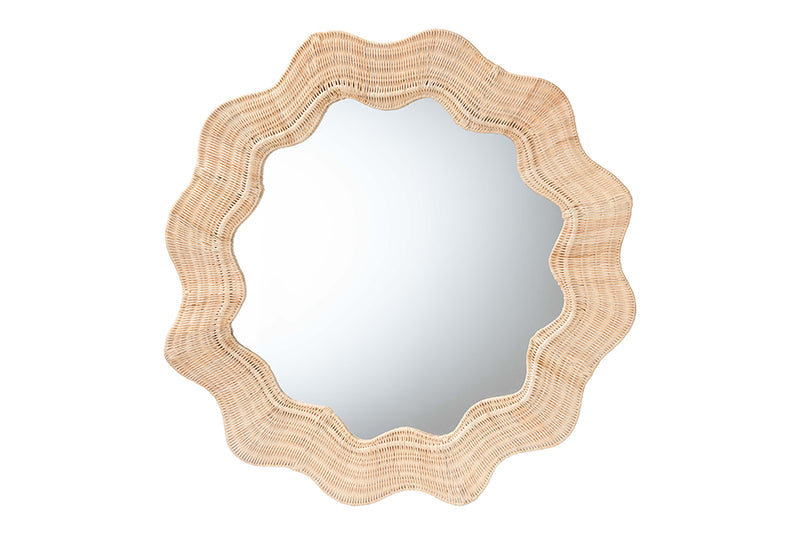 Nebu Coastal Scalloped Natural Rattan Round Accent Wall Mirror