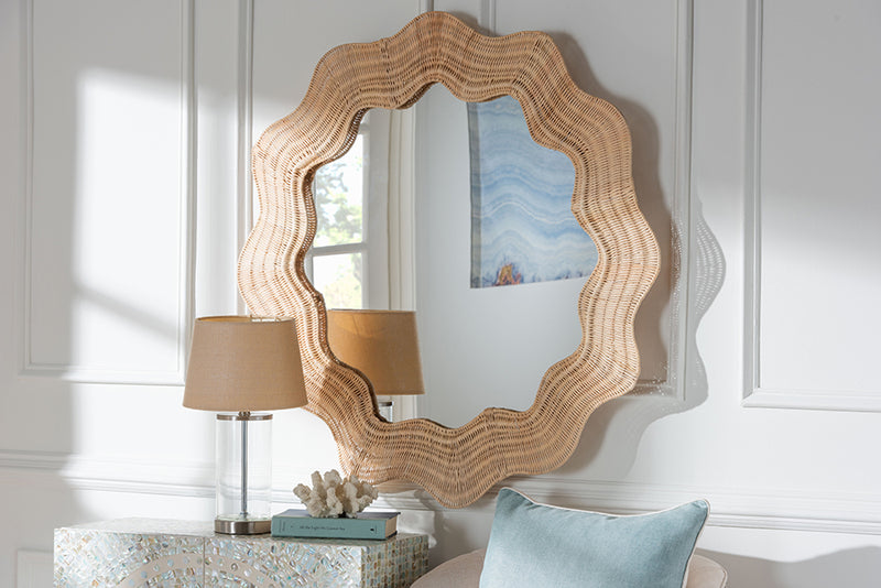 Nebu Coastal Scalloped Natural Rattan Round Accent Wall Mirror