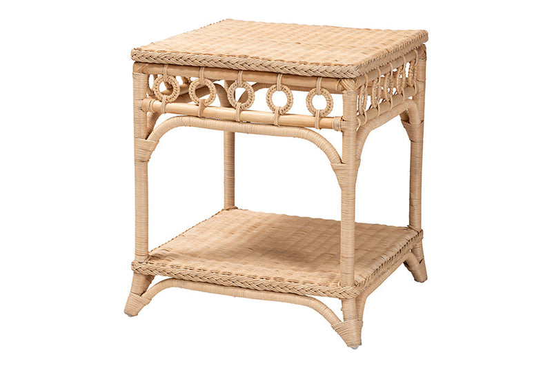 June Braided Natural Rattan End Table with Shelf Baxton