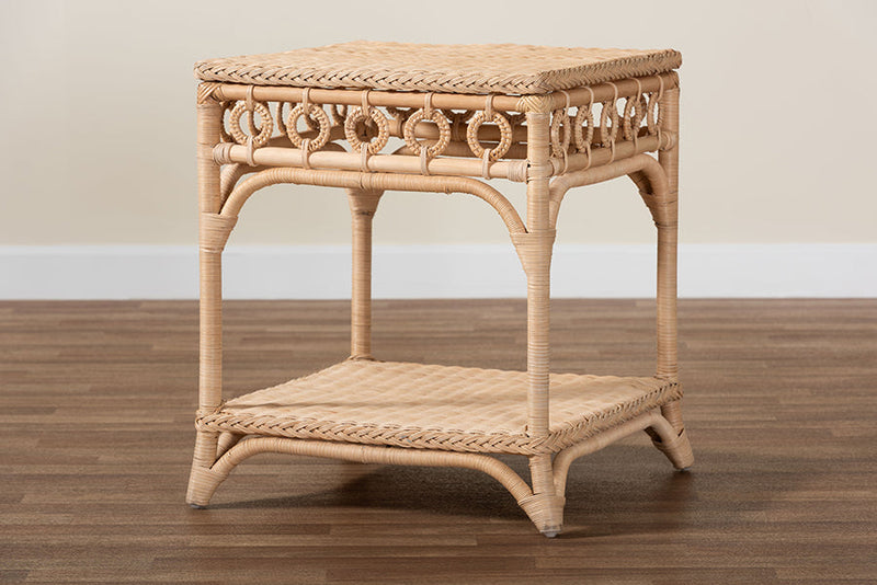 June Braided Natural Rattan End Table with Shelf Baxton