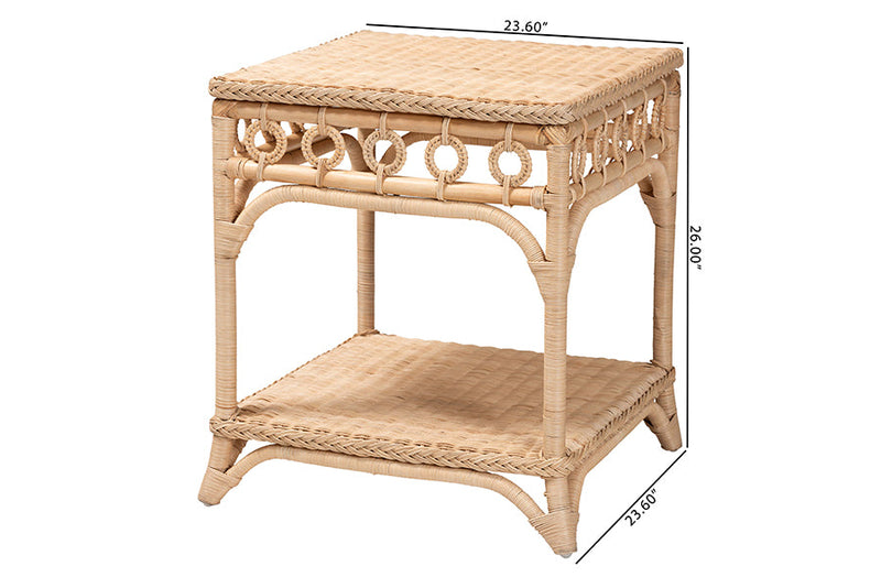 June Braided Natural Rattan End Table with Shelf Baxton