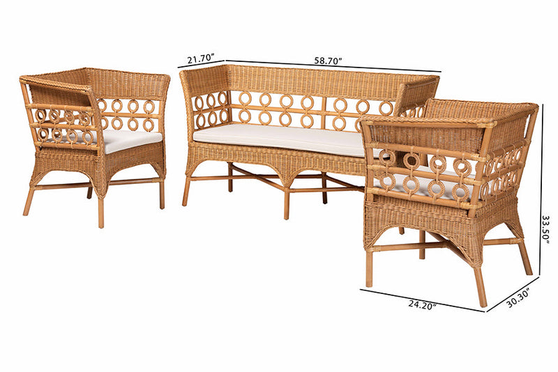 June Bohemian Light Honey Rattan 3-Piece Living Room Chair Set Baxton