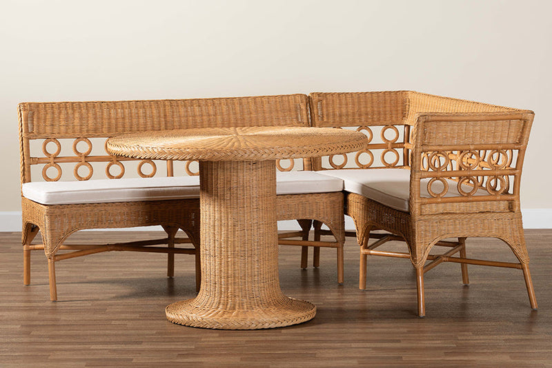 Mandolin Bohemian Light Honey Rattan 3-Piece Dining Nook Set Baxton