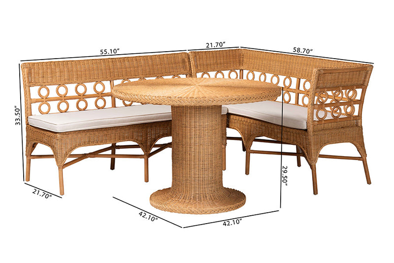 Mandolin Bohemian Light Honey Rattan 3-Piece Dining Nook Set Baxton