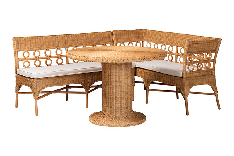 Mandolin Bohemian Light Honey Rattan 3-Piece Dining Nook Set Baxton
