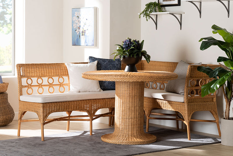 Mandolin Bohemian Light Honey Rattan 3-Piece Dining Nook Set Baxton