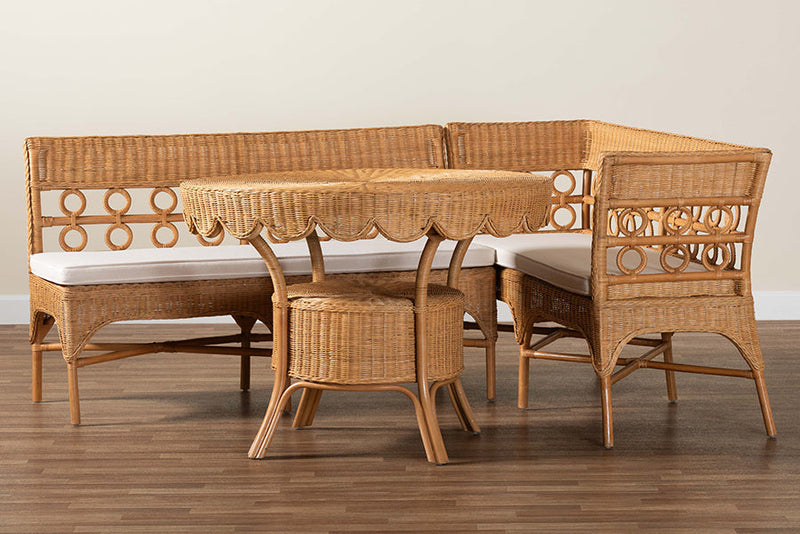 Mariette Bohemian Light Honey Rattan 3-Piece Dining Nook Set Baxton