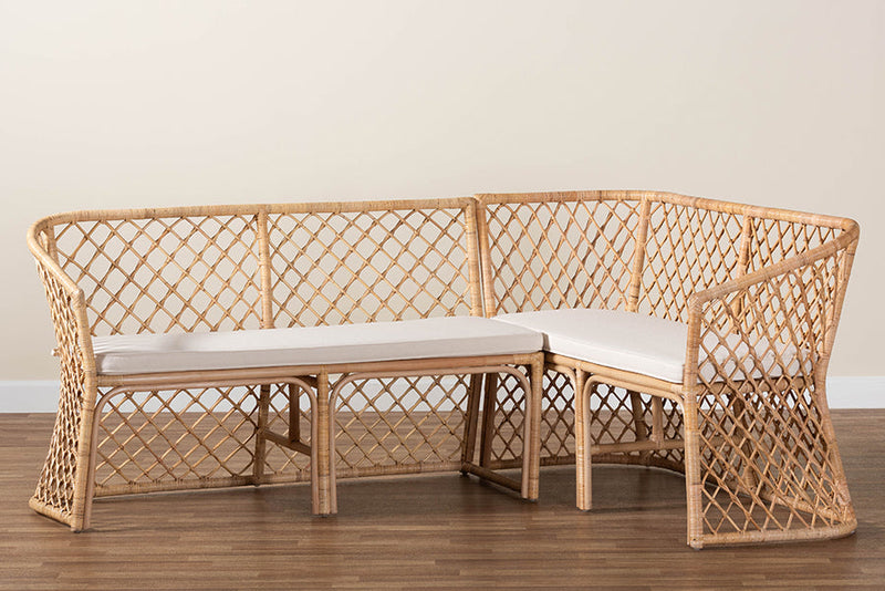 Aysi Bohemian Light Honey Rattan 2Pc Dining Nook Bench Set Baxton