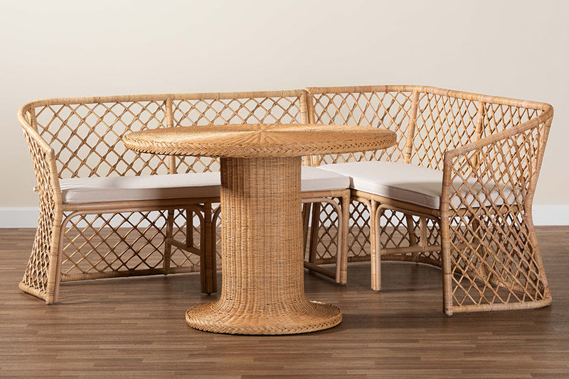Frayne Bohemian Light Honey Rattan 3-Piece Dining Nook Set Baxton