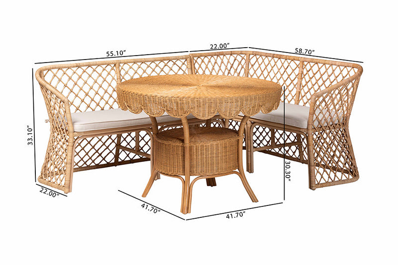 Ellard Bohemian Light Honey Rattan 3-Piece Dining Nook Set Baxton