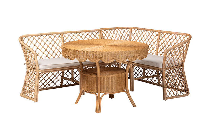 Ellard Bohemian Light Honey Rattan 3-Piece Dining Nook Set Baxton