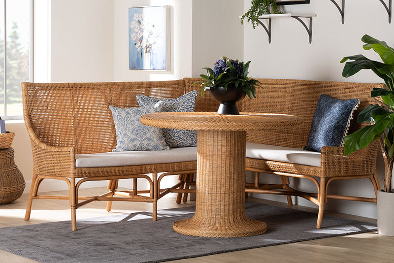 Makya Bohemian Light Honey Rattan 3-Piece Dining Nook Set Baxton