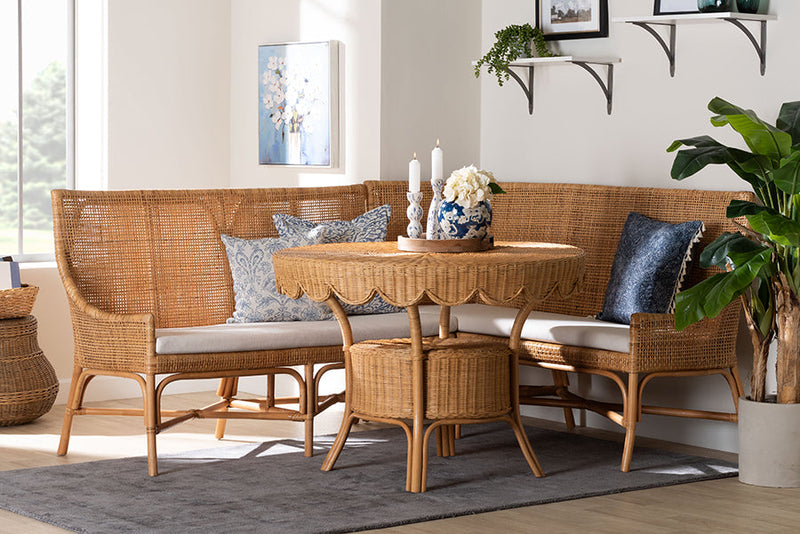 Nieva Bohemian Light Honey Rattan 3-Piece Dining Nook Set Baxton