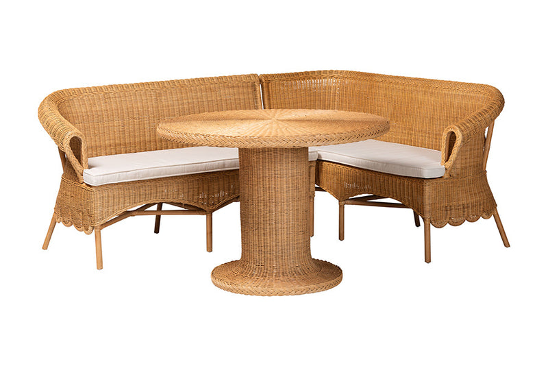 Sampit Bohemian Light Honey Rattan 3-Piece Dining Nook Set Baxton