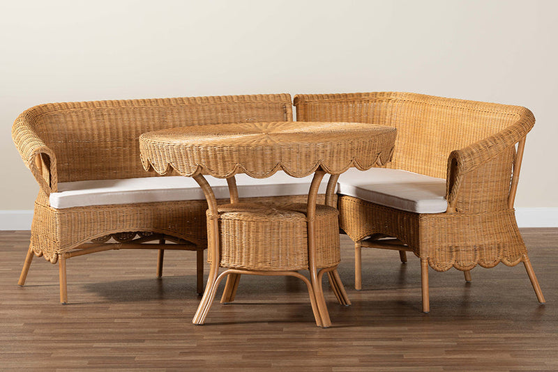 Idriya Bohemian Light Honey Rattan 3-Piece Dining Nook Set Baxton