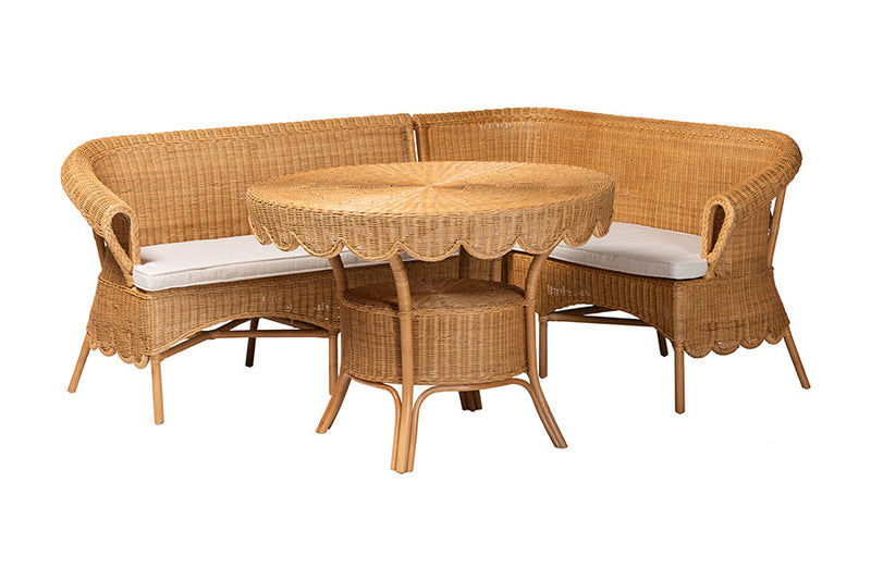 Idriya Bohemian Light Honey Rattan 3-Piece Dining Nook Set Baxton