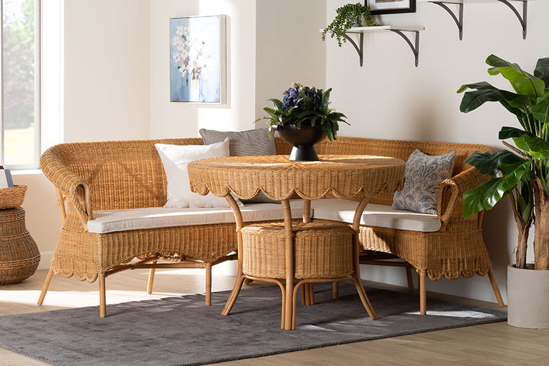 Idriya Bohemian Light Honey Rattan 3-Piece Dining Nook Set Baxton