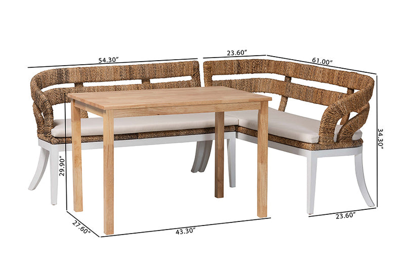 Turner Seagrass Dining Nook Set w/Mohagany Wood Frames Baxton