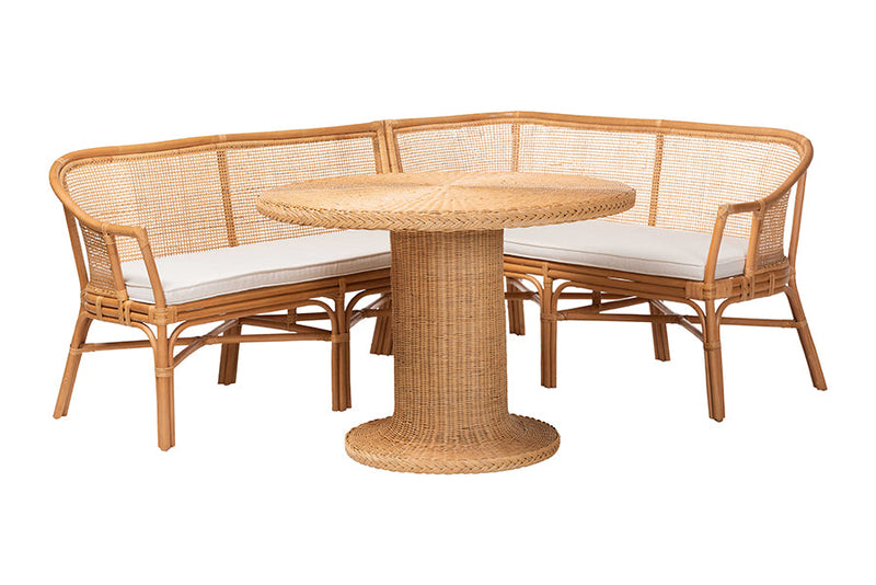 Aldith 3-Piece Natural Rattan Dining Nook Set Baxton