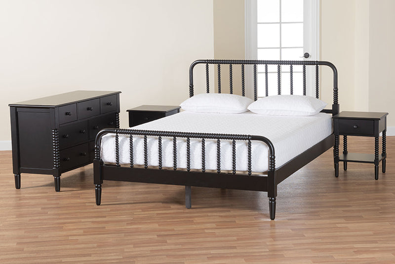 Bernice Black Spindle Wood King Size 4Pc Bedroom Set with Two Nightstands Baxton