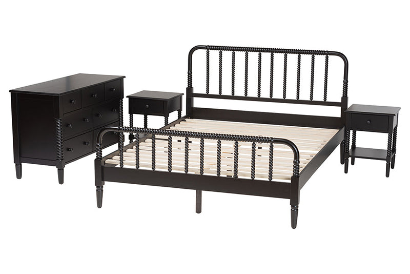 Bernice Black Spindle Wood King Size 4Pc Bedroom Set with Two Nightstands Baxton