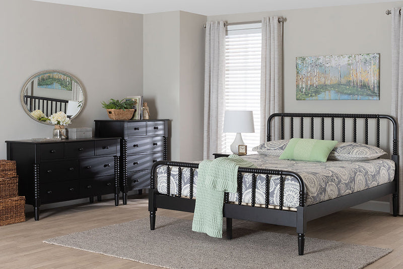 Bernice Farmhouse Black Spindle Wood King Size 4Pc Bedroom Set Baxton