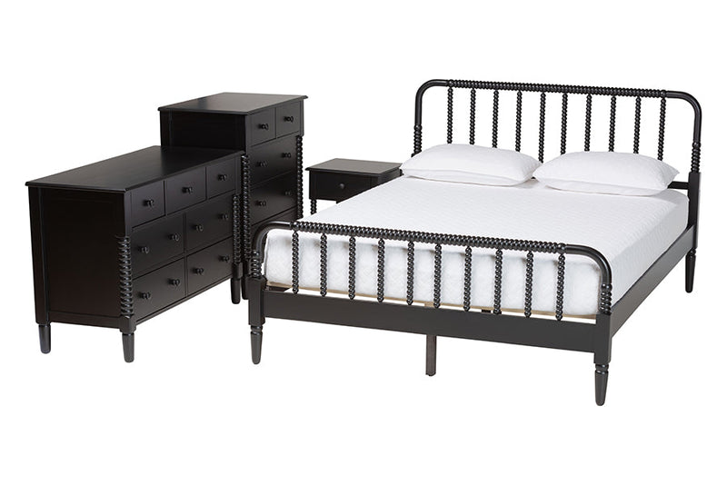 Bernice Farmhouse Black Spindle Wood King Size 4Pc Bedroom Set Baxton