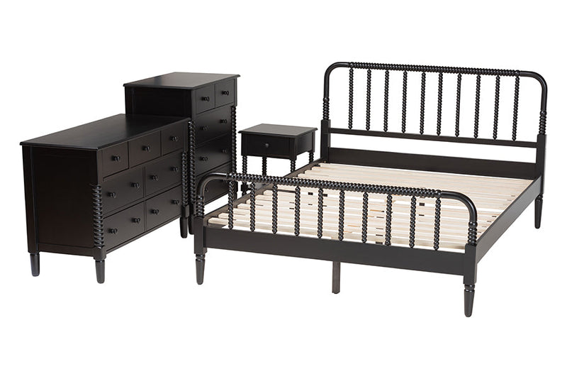 Bernice Farmhouse Black Spindle Wood King Size 4Pc Bedroom Set Baxton