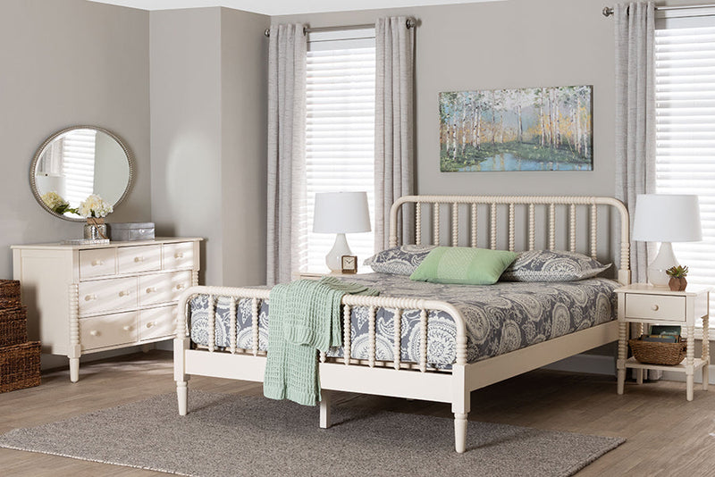 Bernice Ivory Spindle Wood King Size 4Pc Bedroom Set with Two Nightstands Baxton