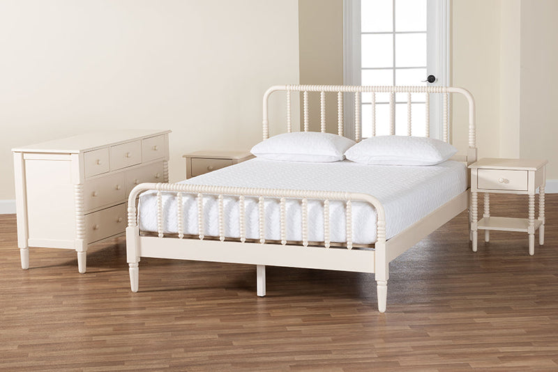Bernice Ivory Spindle Wood King Size 4Pc Bedroom Set with Two Nightstands Baxton