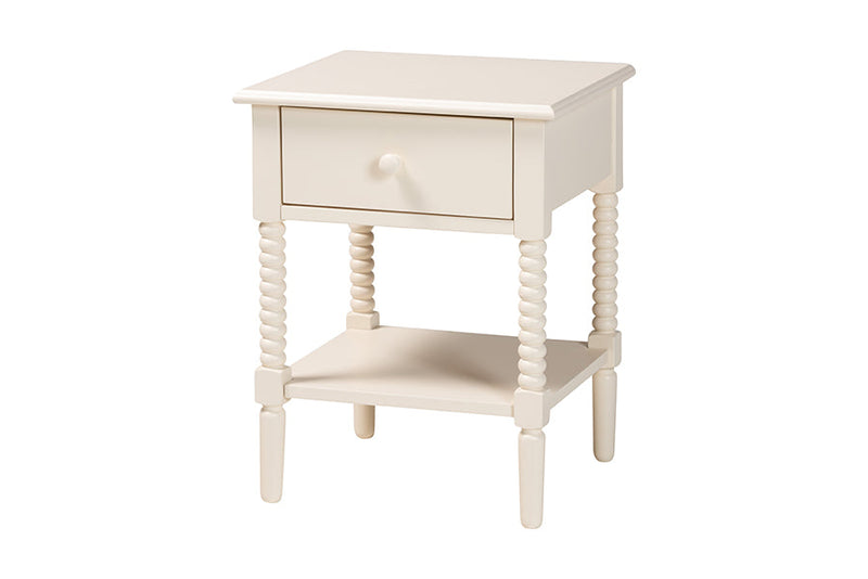 Bernice Ivory Spindle Wood King Size 4Pc Bedroom Set with Two Nightstands Baxton