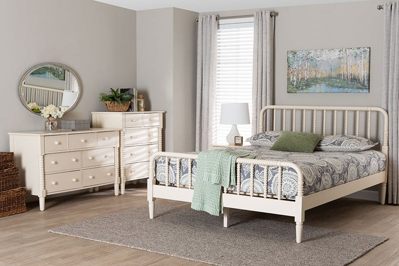 Bernice Farmhouse Ivory Spindle Wood King Size 4Pc Bedroom Set Baxton