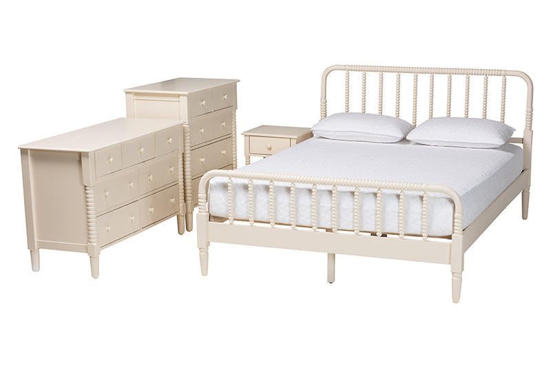 Bernice Farmhouse Ivory Spindle Wood King Size 4Pc Bedroom Set Baxton